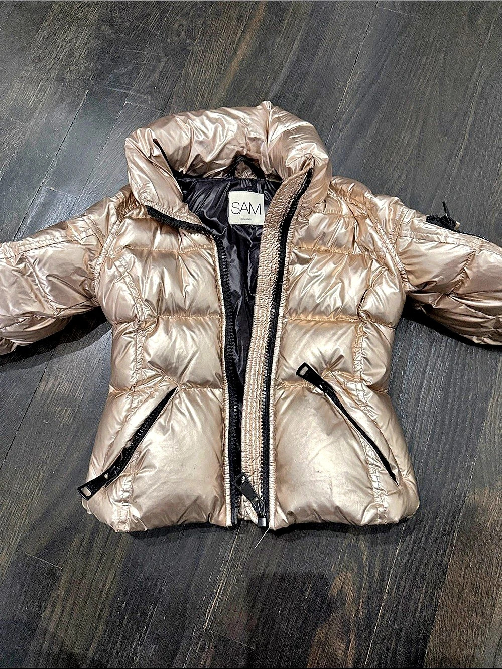 SAM. Kids Metallic Down Puffer Jacket. Gold Size 4